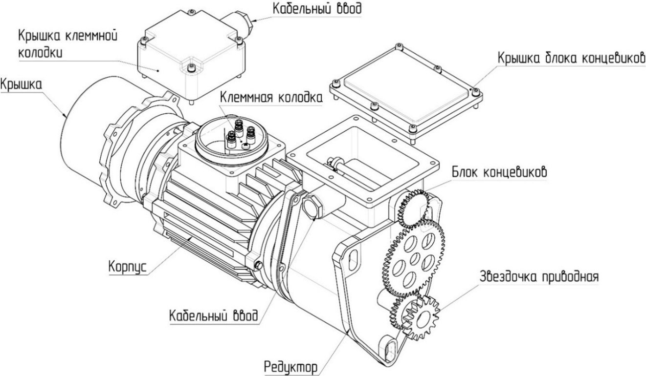 Exploded technical diagram of an electric motor with a reduction gearbox, showing housing, gears, end plates, and cable entry points for assembly reference.